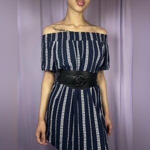 Indigo Soul Navy Blue Striped Ivory Mini Dress Size M Boho Hippie Flowy Blouse